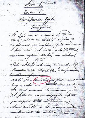 Acto I del Timoleón (se ha señalano la palabra "amistad" con círculo rojo)